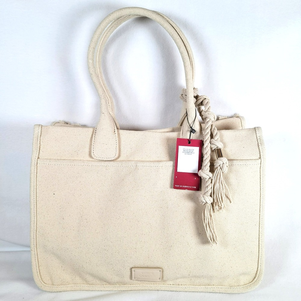 Vince Camuto Womens Orla Cotton Tote Bag Large Canvas Tassel Beige Beachy Boho